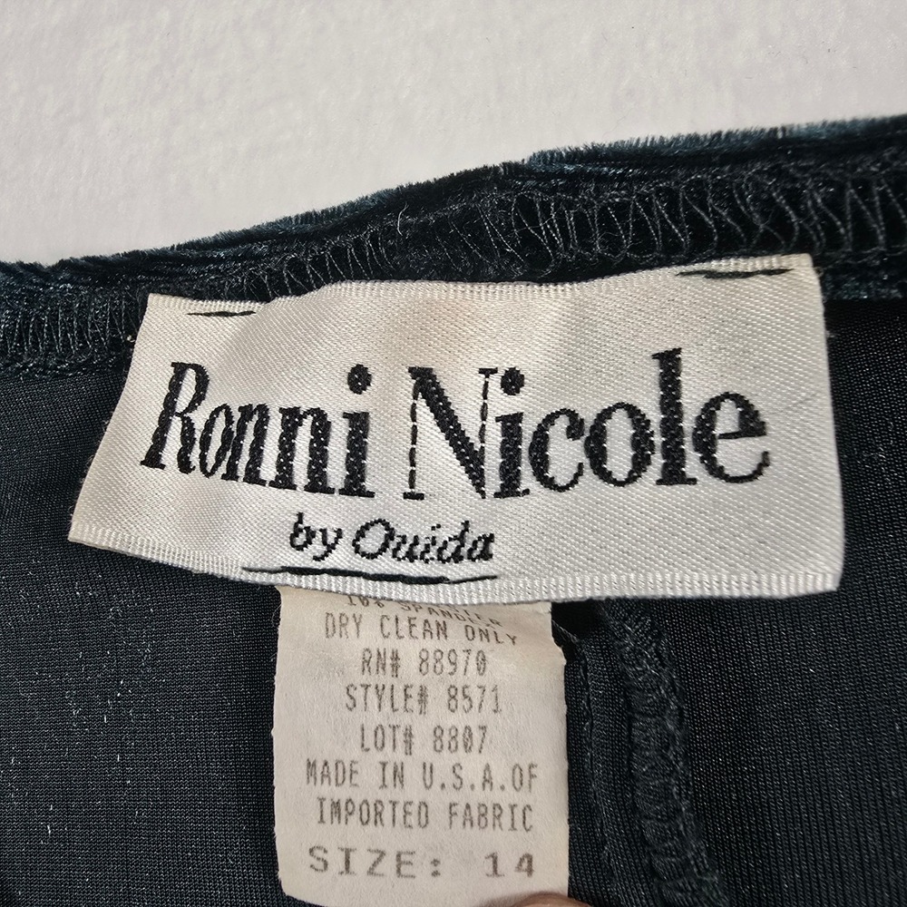 Ronni Nicole Vintage 90s Teal Green Velvet Long Sleeve A-Line Mini Dress Size 14 - Picture 3 of 7